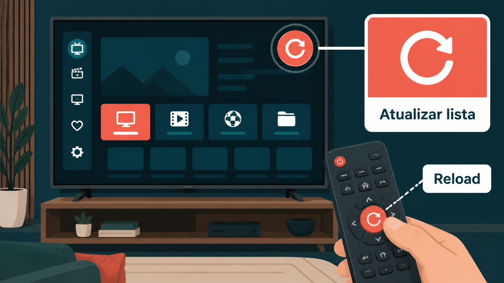 Ilustracao de botao Atualizar lista e Reload em uma TV